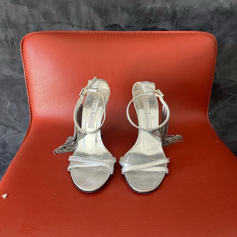 Christian La Croix Silver Stiletto Heels with pink/green crystal beading